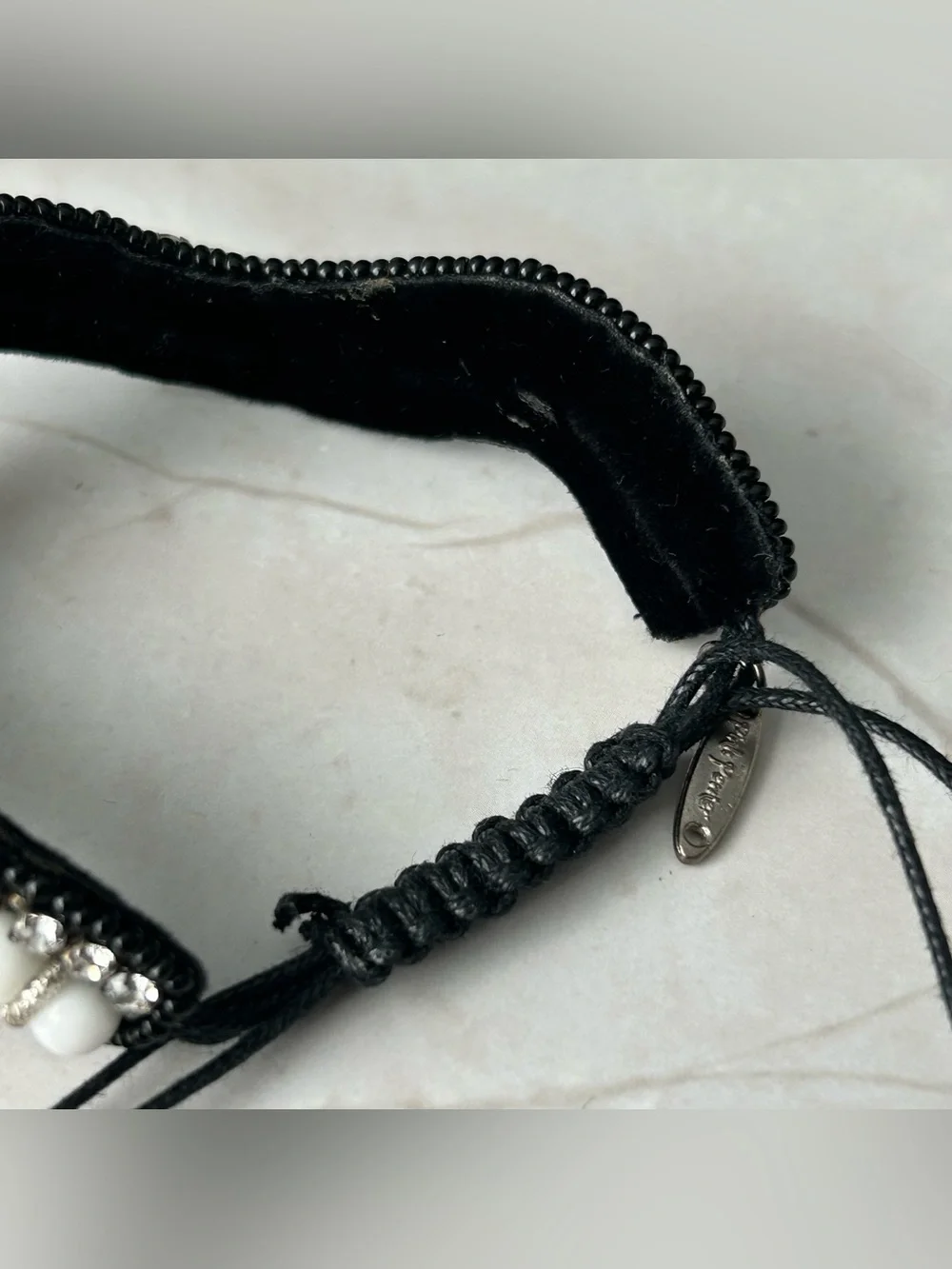 Beaded Black and White Macramé Bracelet with Crystal Accents